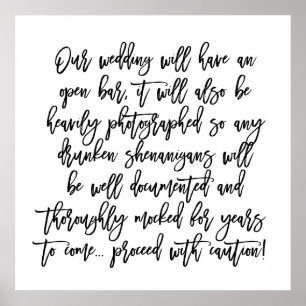 Chic Hand Lettered Wedding Open Bar Attentie Sign Poster