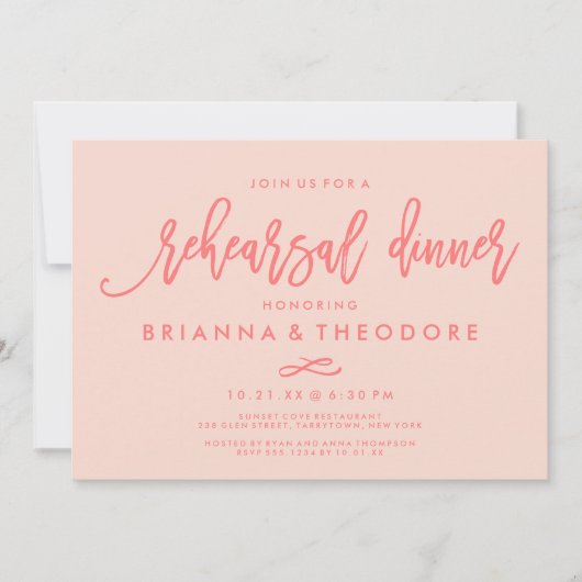 Chic Hand Lettered Wedding Rehearsal Dinner Coral Kaart (Voorkant)