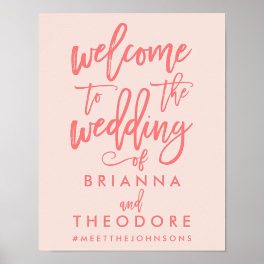 Chic Hand Lettered Wedding Welcome Sign Coral Poster (Voorkant)