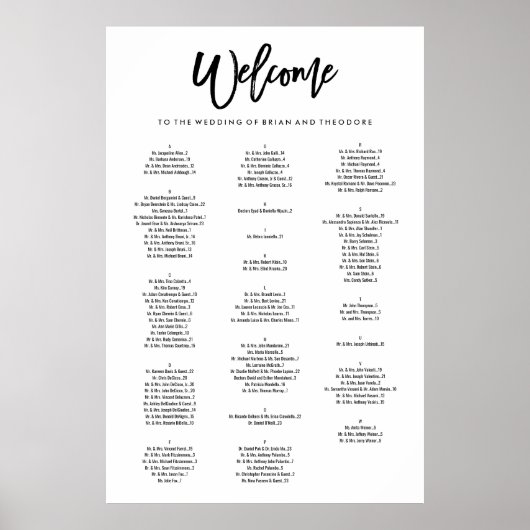 Chic Hand Lettered Welkome Alfabetische Zitplaats Poster (Voorkant)