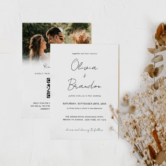 Chic handgeschreven QR-code voor script bruiloft Kaart