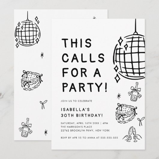 Chic handgetekende 30e verjaardagsfeestje kaart (Voorkant / Achterkant)