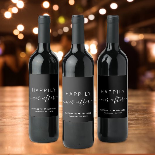Chic Happily Ever After Zwarte Bruiloft Wijn Etiket