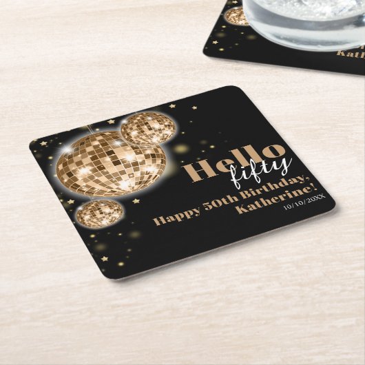 Chic Happy 50th Verjaardag Zwart en Goud Kartonnen Onderzetters (Schuin)
