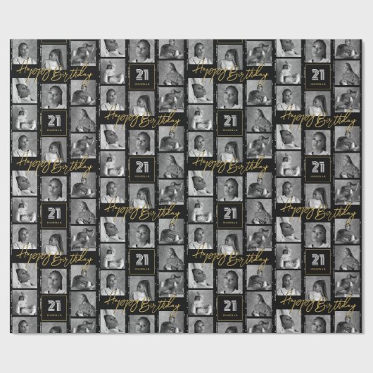 Chic Happy Birthday Fotofilm Strip Zwart Goud Cadeaupapier (Vlak)