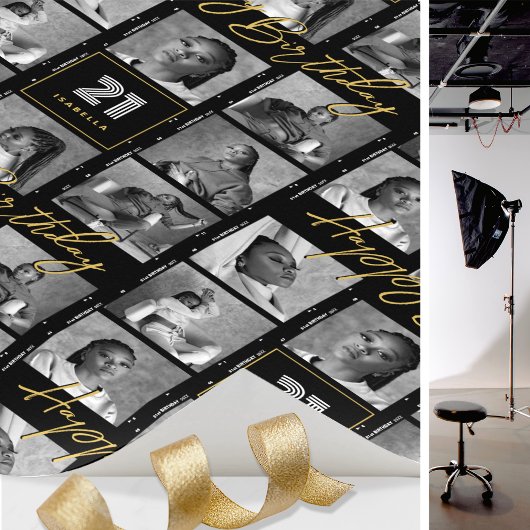 Chic Happy Birthday Fotofilm Strip Zwart Goud Cadeaupapier