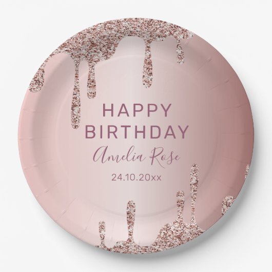Chic Happy Birthday Roos Gold Glitter Papieren Bordje (Voorkant)