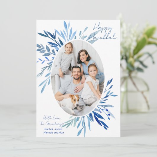 Chic Happy Chanoeka Blauwe Botanische Familie Foto Feestdagenkaart (Staand voorkant)