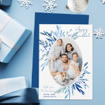 Chic Happy Chanoeka Blauwe Botanische Familie Foto Feestdagenkaart<br><div class="desc">Mooie blauw waterverf botanische bladeren komen uit je verticaal joodse familiefoto voor een Happy Chanoeka. Personaliseer deze chique Chanoeka-fotokaart.</div>