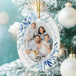 Chic Happy Chanoeka Familie Foto Blauw Keramisch Ornament<br><div class="desc">Mooie botanische bladeren met een blauwe waterverf komen uit je verticaal joodse familiefoto voor een Happy Chanoeka-ornament. Personaliseer dit chique Chanoeka-fotocadeau voor de feestdagen.</div>