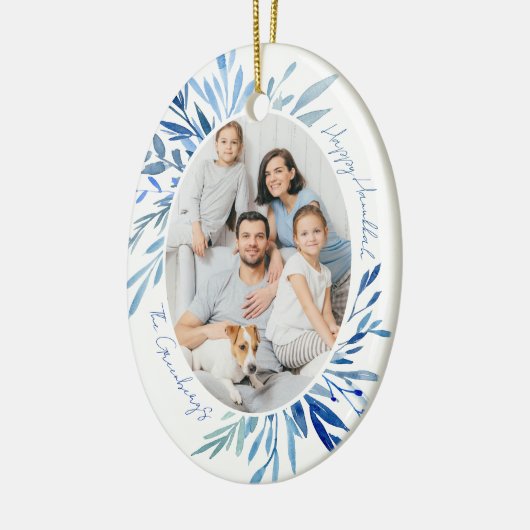 Chic Happy Chanoeka Familie Foto Blauw Keramisch Ornament (Links)