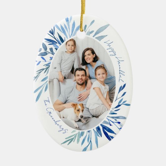 Chic Happy Chanoeka Familie Foto Blauw Keramisch Ornament (Voorkant)
