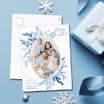 Chic Happy Hanukkah Blue Botanical Family Photo Feestdagenkaart<br><div class="desc">Beautiful blue watercolor botanical leaves spring out of your vertical Jewish family photograph for a Happy Hanukkah. Personalize this chic Chanukah photo postcard.</div>