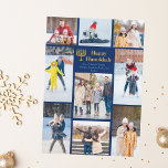 Chic Happy Hanukkah Family Photo Collage Blue Gold Feestdagenkaart<br><div class="desc">Chic customizable Jewish family photo collage Hanukkah card with a collection of winter photos. Add 9 of your favorite Chanukah memories on this modern 9 photograph layout around a menorah and gold script. Happy Hanukkah.</div>