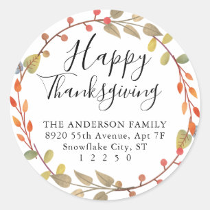 Chic Happy Thanksgiving Herfst Autumn Wreatadres Ronde Sticker