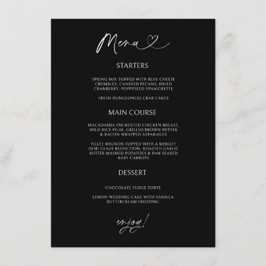Chic Hart Menu Kaart Minimaal Ontvangst Diners (Voorkant)