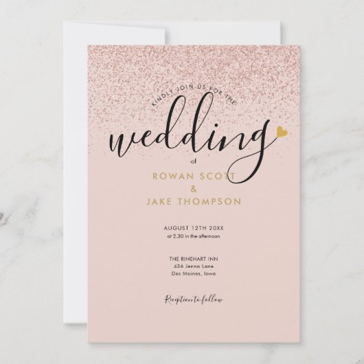 Chic Hart Roze Goud Glitters Foto Bruiloft Kaart (Voorkant)