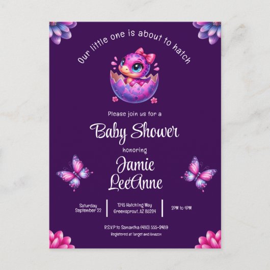 Chic Hatching Soon Paarse Dinosaurus Baby shower Briefkaart (Voorkant)