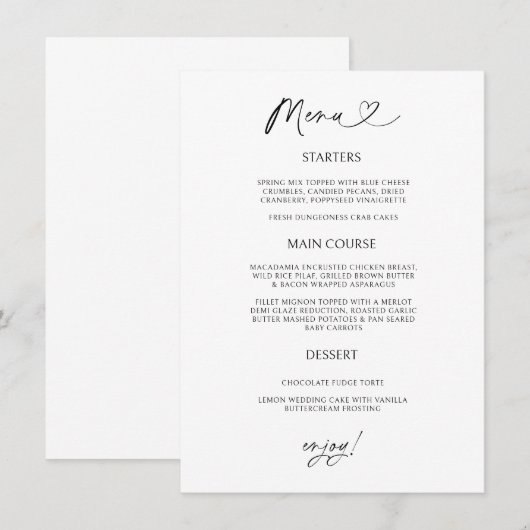 Chic Heart Menu Card Minimal Reception Dining (Voorkant / Achterkant)