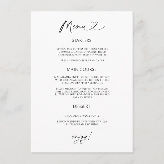 Chic Heart Menu Kaart Minimaal Ontvangst Dineren (Voorkant)