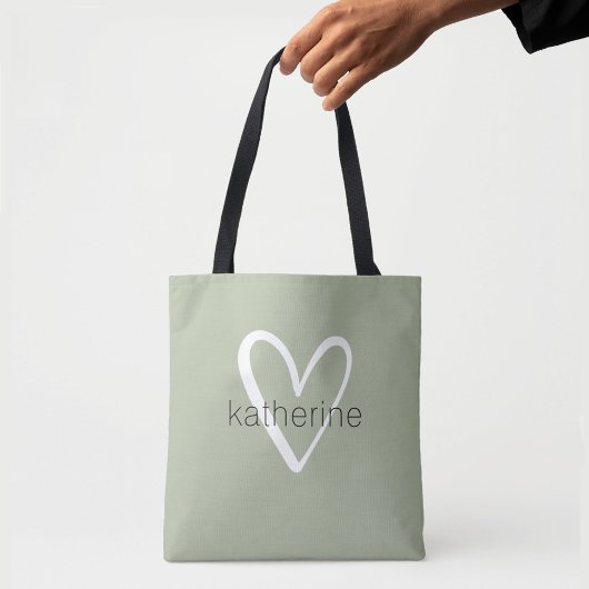 Chic Heart Personalized Sage Green Tote Bag