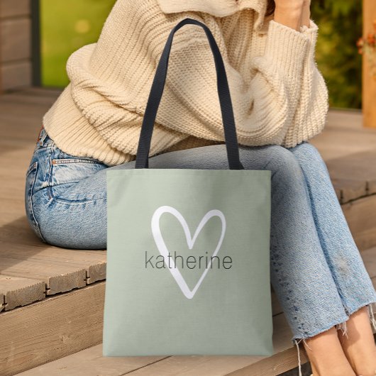 Chic Heart Personalized Sage Green Tote Bag