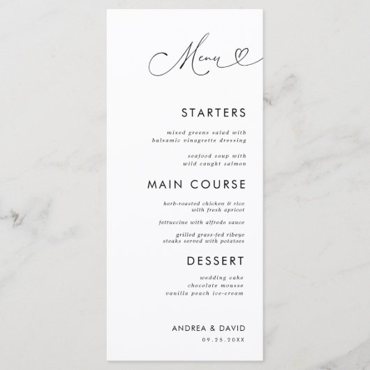 Chic Heart Script Minimalist Elegant White Wedding Menu (Voorkant)