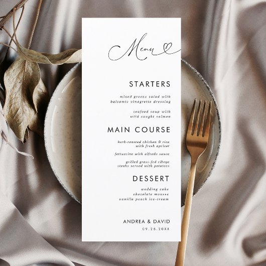 Chic Heart Script Minimalist Elegant White Wedding Menu