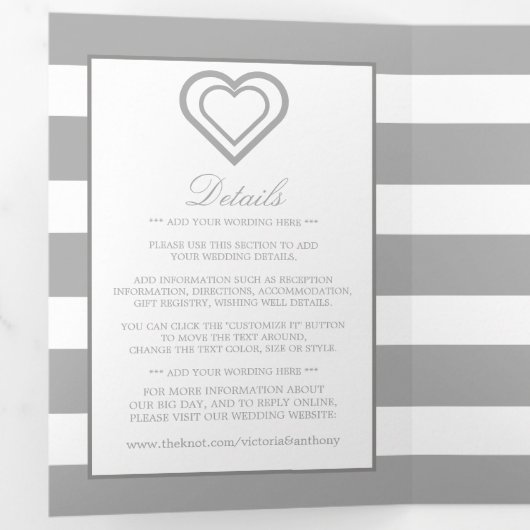 Chic Heart, Zilver Gestreepte Trouwsuite Drieluik Uitnodiging (Binnenzijde eerst)