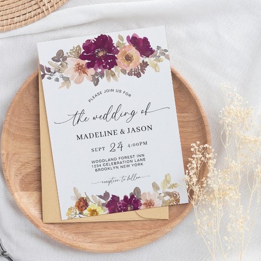 Chic herfst bloemenschrift Waterverf bruiloft Kaart