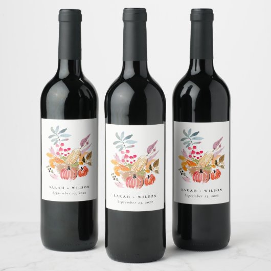 Chic Herfst Oogst Pompoen Waterverf bruiloft Wijn Etiket (Flessen)