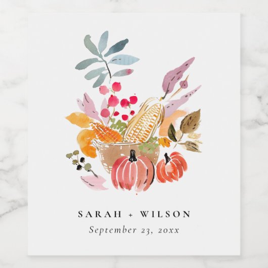 Chic Herfst Oogst Pompoen Waterverf bruiloft Wijn Etiket (Enkel label)
