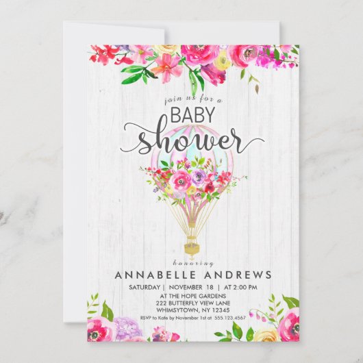 Chic Hete Luchtballon Baby Girl Douche Uitnodiging (Voorkant)