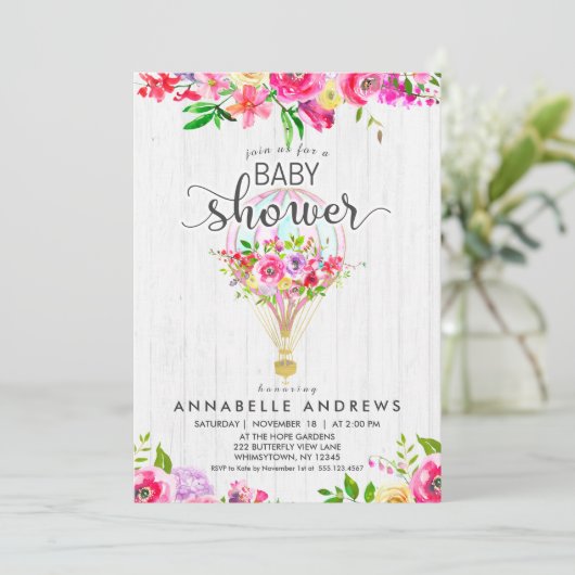 Chic Hete Luchtballon Baby Girl Douche Uitnodiging (Staand voorkant)