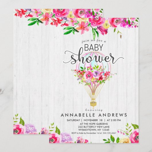 Chic Hete Luchtballon Baby Girl Douche Uitnodiging (Voorkant / Achterkant)