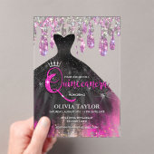 Chic hete roze zwarte kristal druppels Quinceanera Acryl Uitnodigingen (Insitu (Draagbaar))
