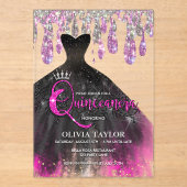 Chic hete roze zwarte kristal druppels Quinceanera Acryl Uitnodigingen (Voorkant)