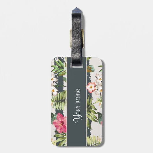 Chic Hibiscus Flowers en Stripes Bagagelabel (Achterkant verticaal)