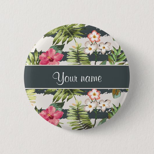 Chic Hibiscus Flowers en Stripes Ronde Button 5,7 Cm (Voorkant)