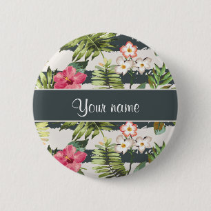 Chic Hibiscus Flowers en Stripes Ronde Button 5,7 Cm