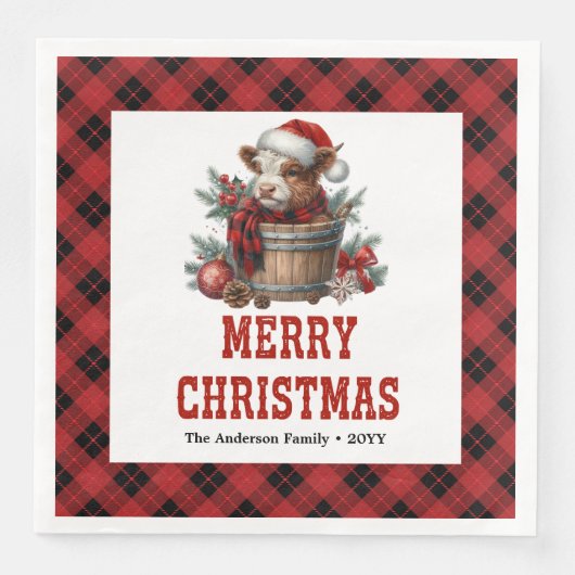 Chic highland cow red black plaid festive napkins servet (Voorkant)