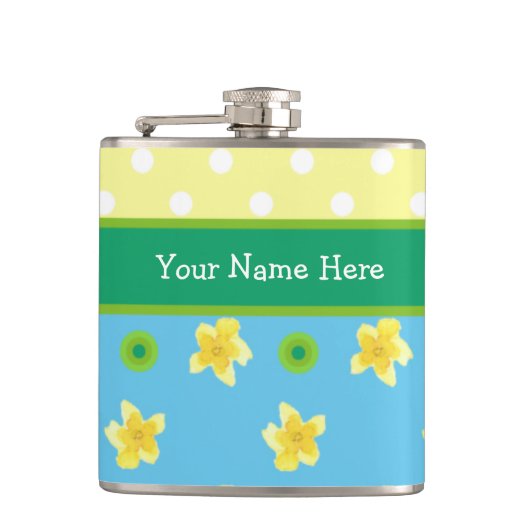 Chic Hip Flask to Personalize: Primroses, Polkas Heupfles (Voorkant)