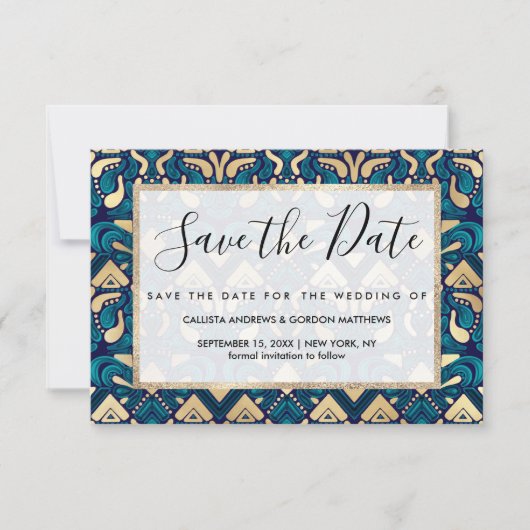 Chic Hipster Gold Emerald Blue Tribal Artsy Damask Save The Date (Voorkant)