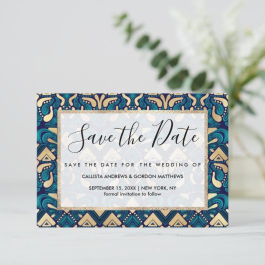 Chic Hipster Gold Emerald Blue Tribal Artsy Damask Save The Date (Staand voorkant)