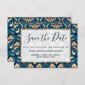 Chic Hipster Gold Emerald Blue Tribal Artsy Damask Save The Date (Voorkant / Achterkant)