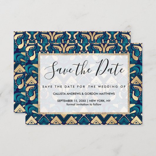 Chic Hipster Gold Emerald Blue Tribal Artsy Damask Save The Date (Voorkant / Achterkant)