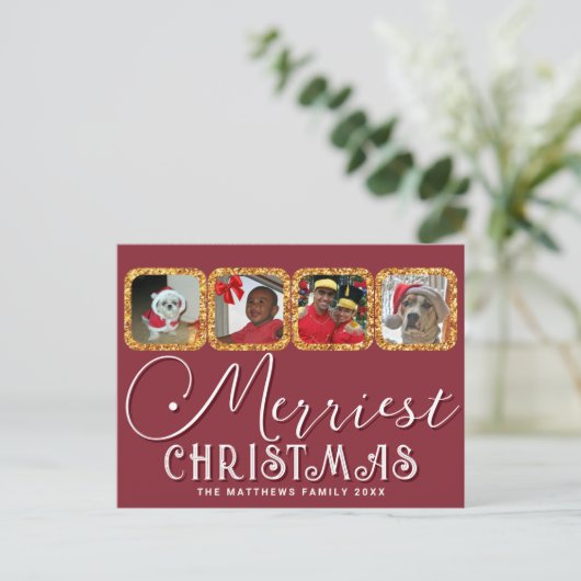 Chic Holiday Foto script Gold Red Kerstmis Briefkaart (Staand voorkant)