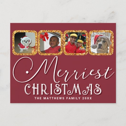 Chic Holiday Foto script Gold Red Kerstmis Briefkaart (Voorkant)