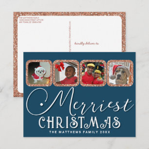 Chic Holiday Foto Script Roos Gold Blue Kerstmis Briefkaart