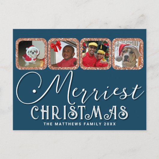 Chic Holiday Foto Script Roos Gold Blue Kerstmis Briefkaart (Voorkant)